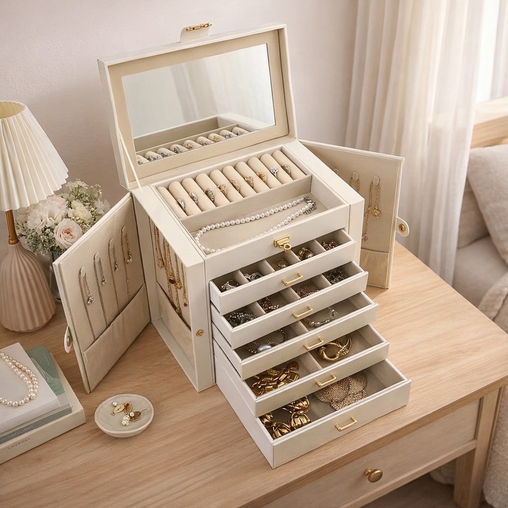 •	Luxury White Jewelry Storage Case with Drawers